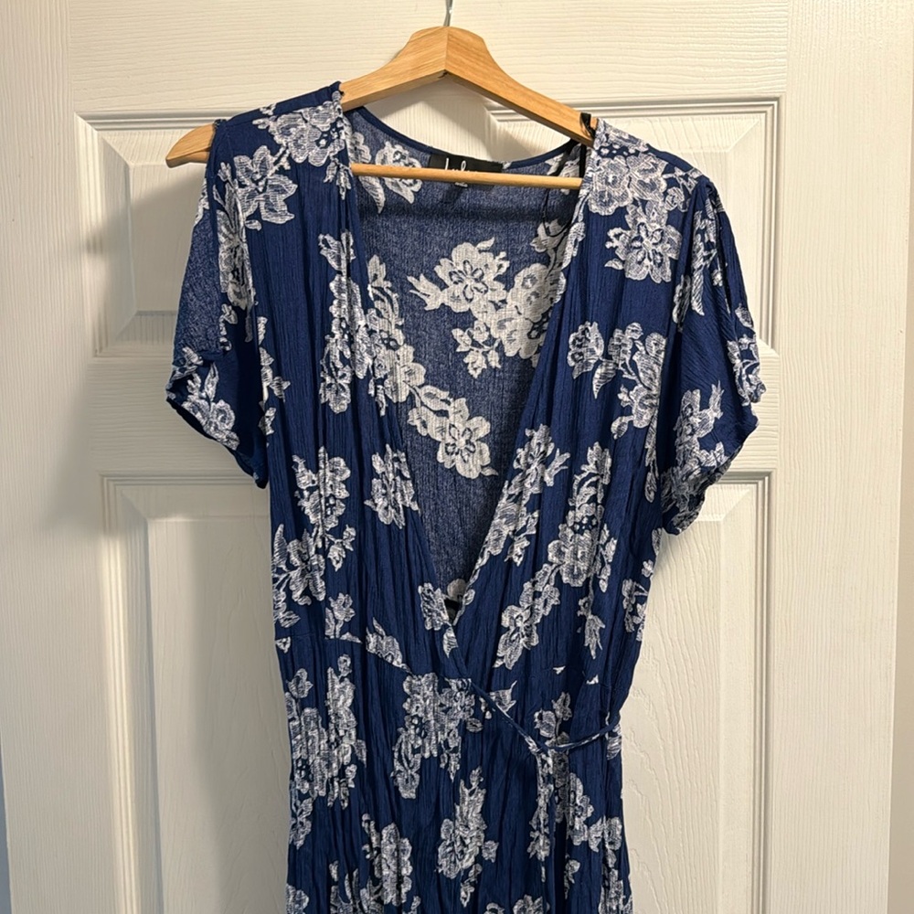 Blue floral wrap dress